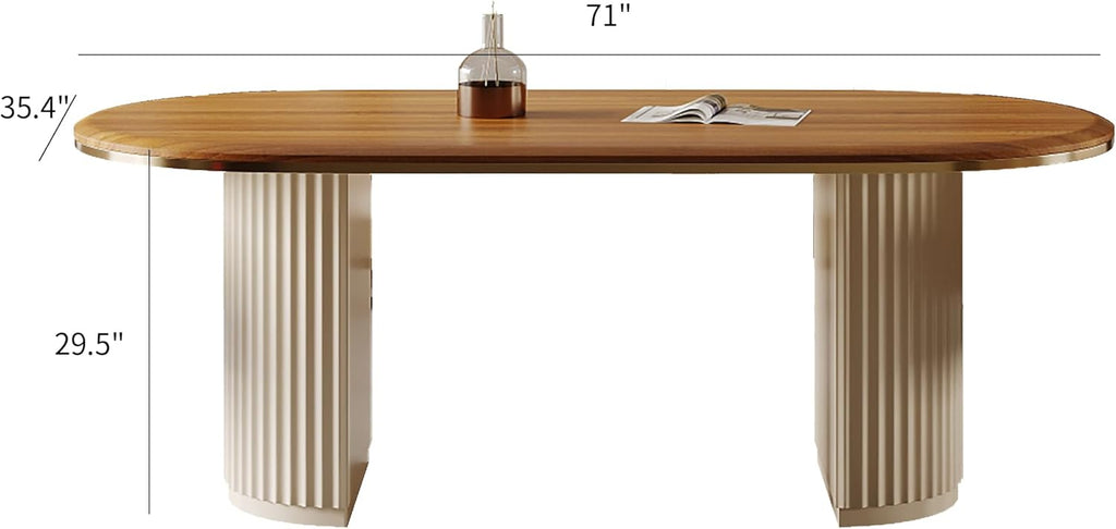 71" Oval Dining Table for 6, Brown Wood Dining Tabletop with White Dual-Pedestal, Mid-Century Modern Dining Room