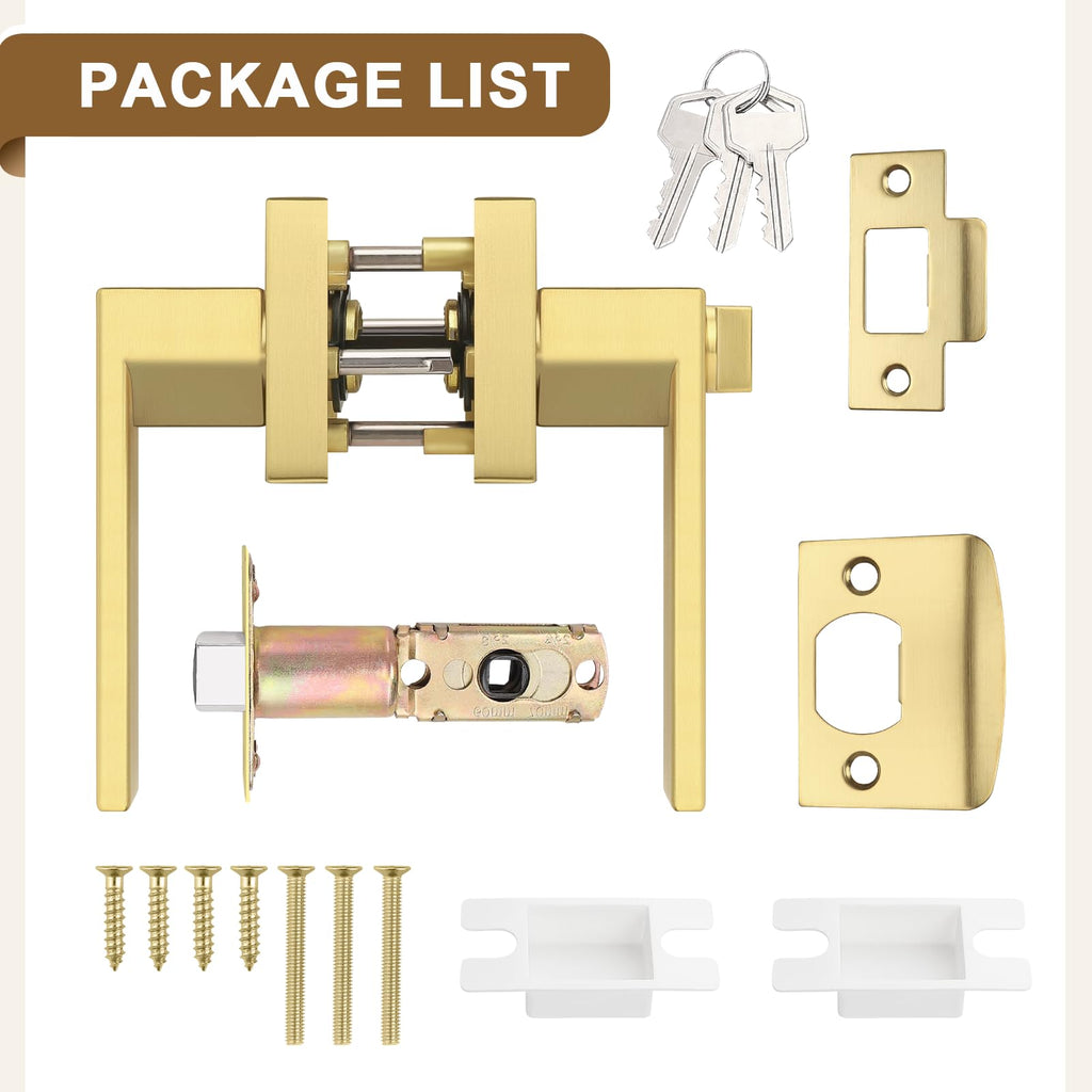 2 Pack Gold Privacy Door Handles,Heavy Duty Satin Brass Door Knobs with Lock ,Square Interior Keyless Locksets