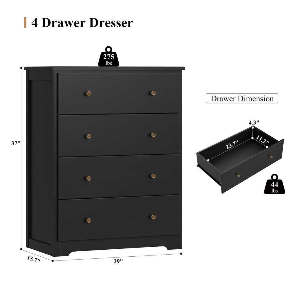 Black Dresser with 4 Drawers, 29" W Chest of Drawers, Wood Dresser | Modern 4 Drawers Dresser, Space-Saving Vertical