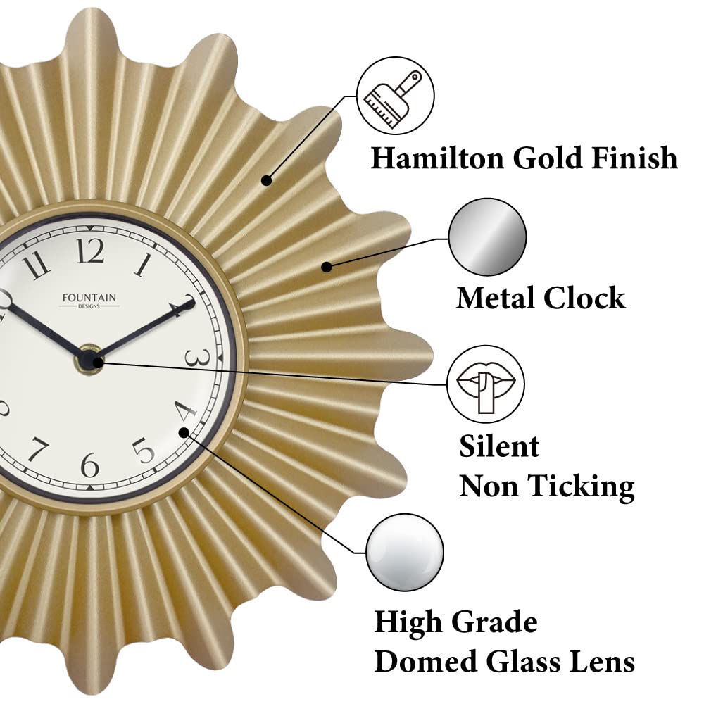 12" Mid Century Modern Starburst Wall Clock, Gold