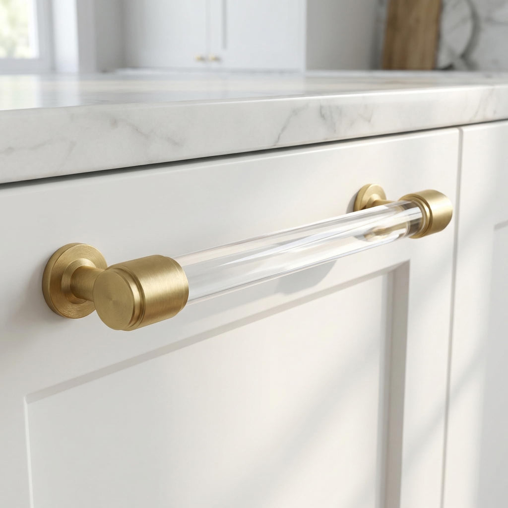 5'' Brass and Acrylic Cabinet Pulls,5 Pack Gold Drawer Handles