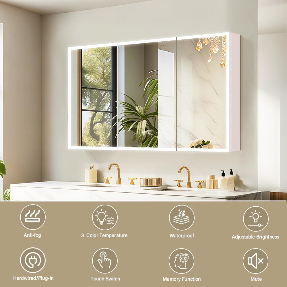 White LED Mirror Medicine Cabinets, Surface Mounted 40 x 24 Inch Bathroom Mirror Cabinet with Lights 3 Colors