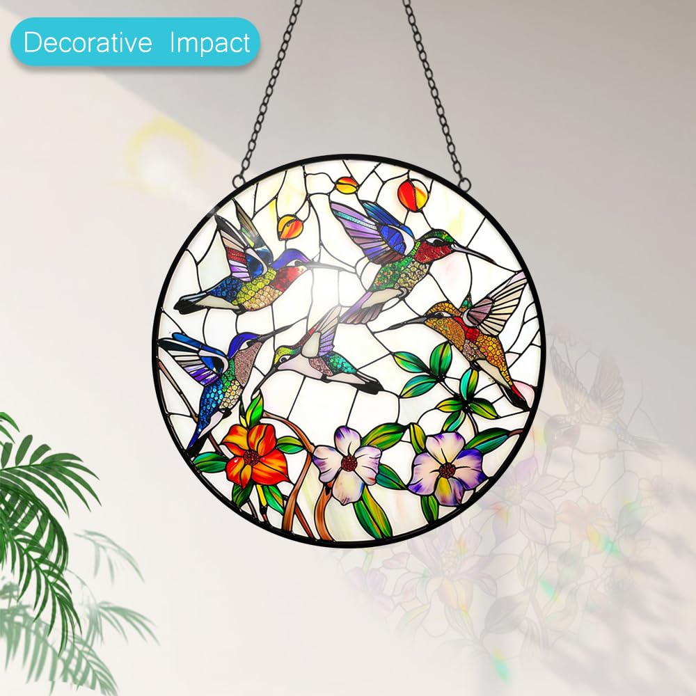 Hummingbird and Flowers Stained Glass Window Hanging - 8′′ Hummingbird Suncatcher Indoor Window Hanging Decor Birds