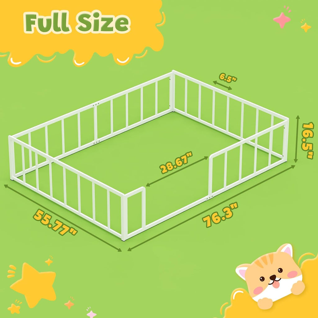 Full Floor Bed for Kids Metal Montessori Bed Frame Playroom Bedroom | Features a slatless, 360° fully enclosed metal