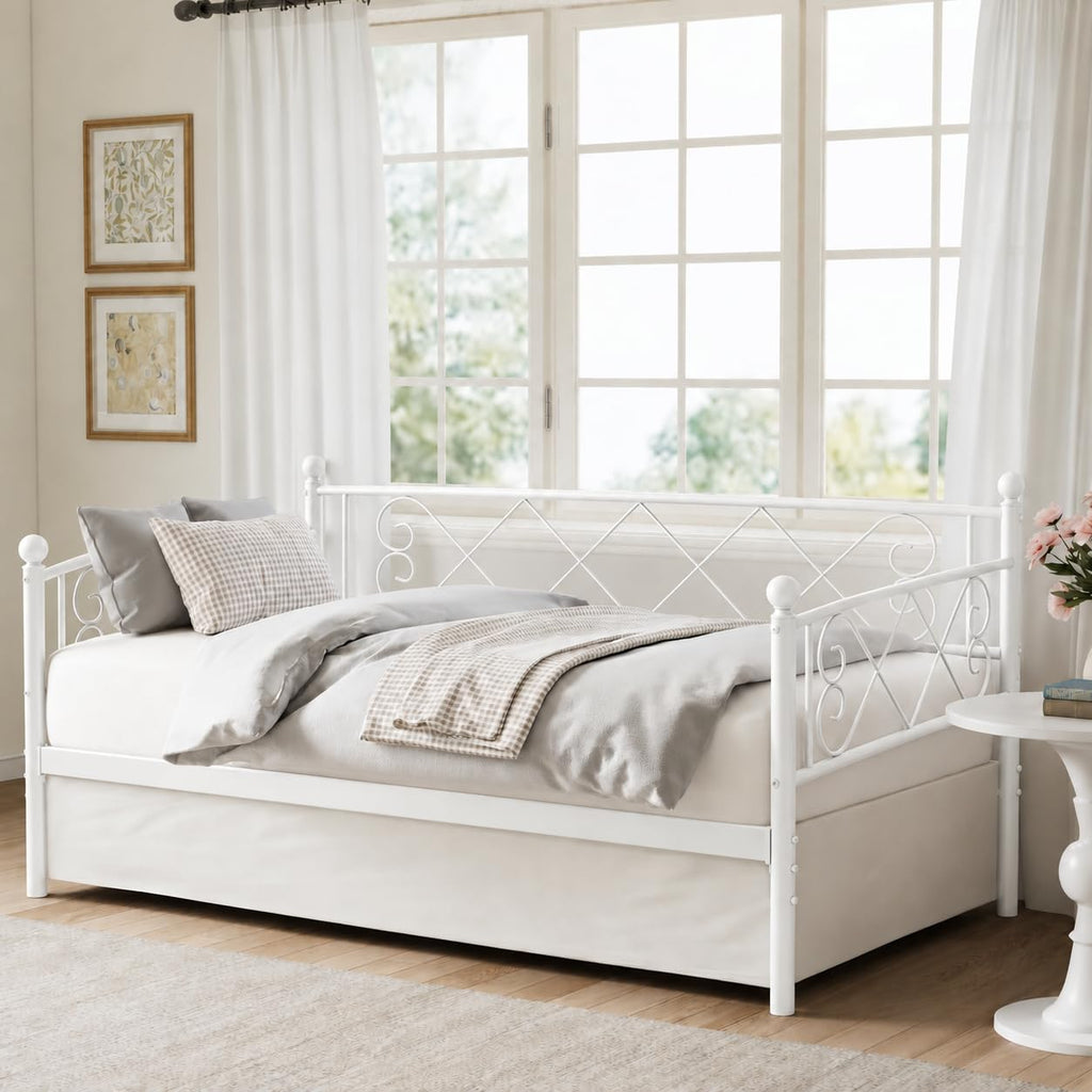 Daybed with Trundle, Trundle Bed Twin with Heart-Shaped Headboard, Sturdy Metal Day Bed with Steel Slat Support, Twin
