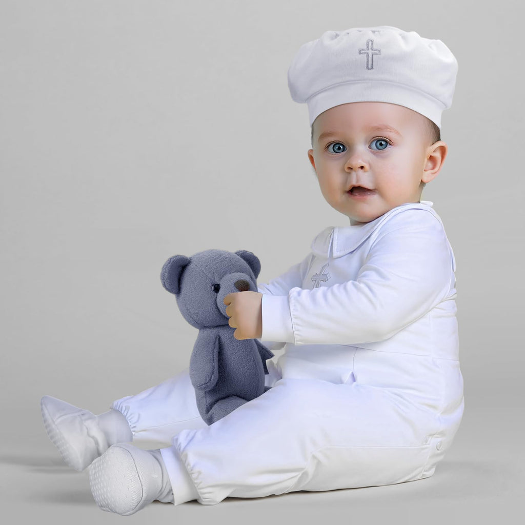 4 Pcs Baby Boy Baptism Outfits with Cross Christening Outfit Jumpsuit Hat Shoes Socks for Newborn Infant Boys(6-12