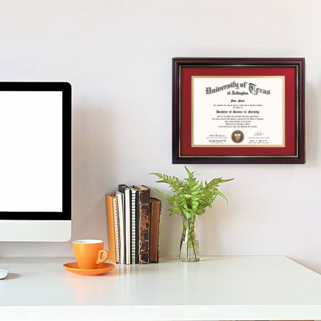 8.5x11 Diploma Frame with Red over Gold Mat or Display 11x14 Certificate without Mat, Solid Wood & Tempered