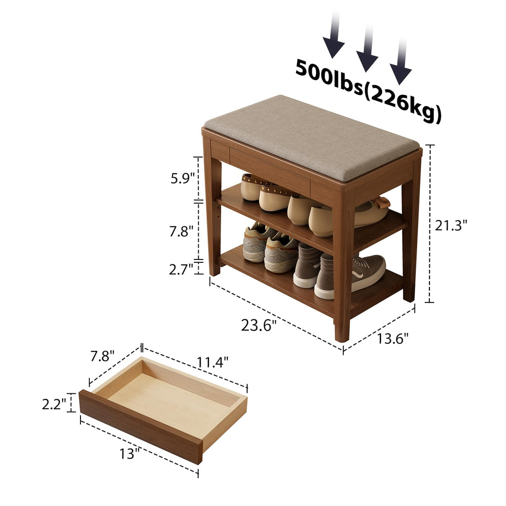 Solid Wood Shoe Bench with Storage, 2-Tier Shoe Storage Bench with Cushion