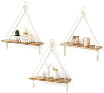 Macrame Hanging Shelves Boho Wall Decor Set of 3 Floating Wood Shelf