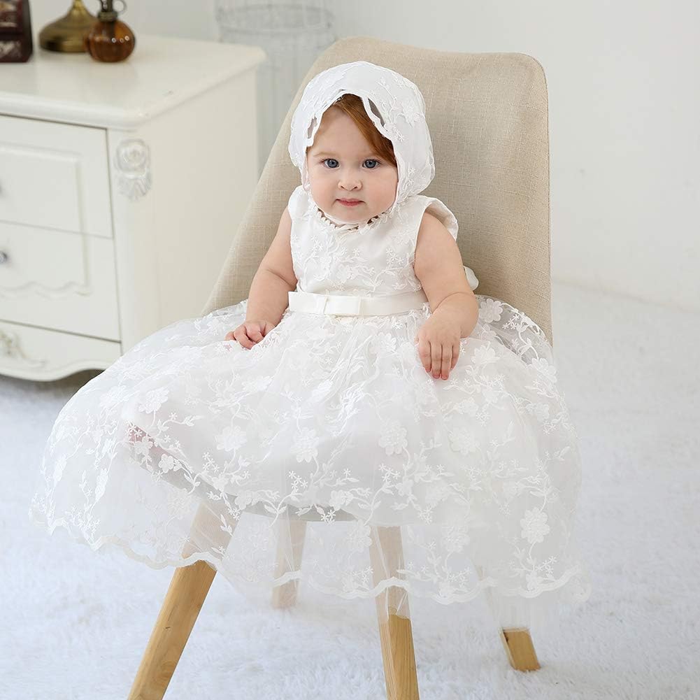 Baby Girls Lace Christening Baptism Gowns Dresses with Bonnet