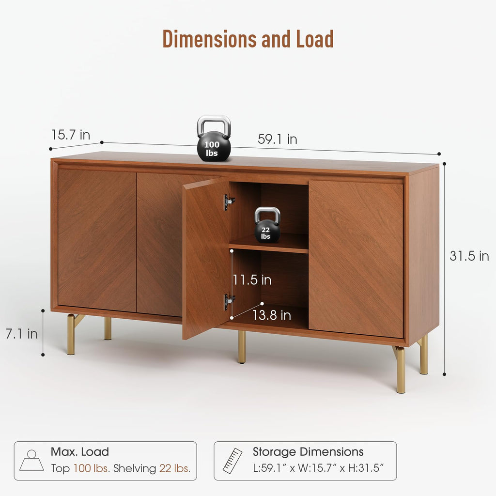 59" Sideboard Buffet Cabinet with Storage, Walnut