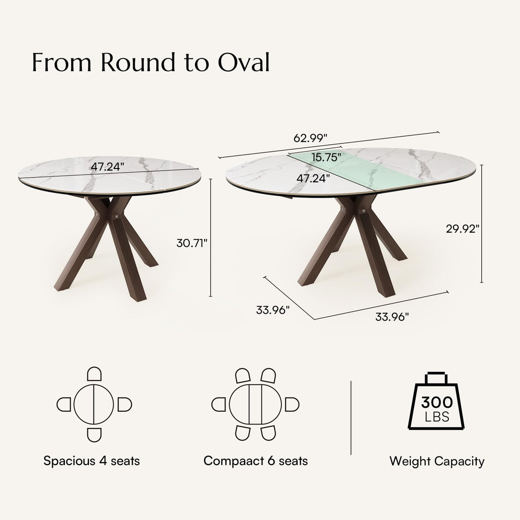Modern Extendable Dining Table, 47" to 63" Round to Oval Sintered Stone Kitchen Table with Carbon Steel Pedestal Base