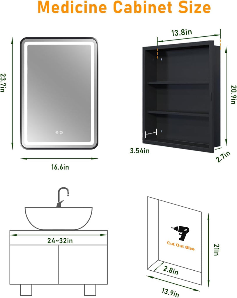 LED Bathroom Medicine Cabinet Mirror, Anti-Fog, Right Hinge, 16x24 Inch | Wall Mounted & Recessed, Dimmable 3 Color