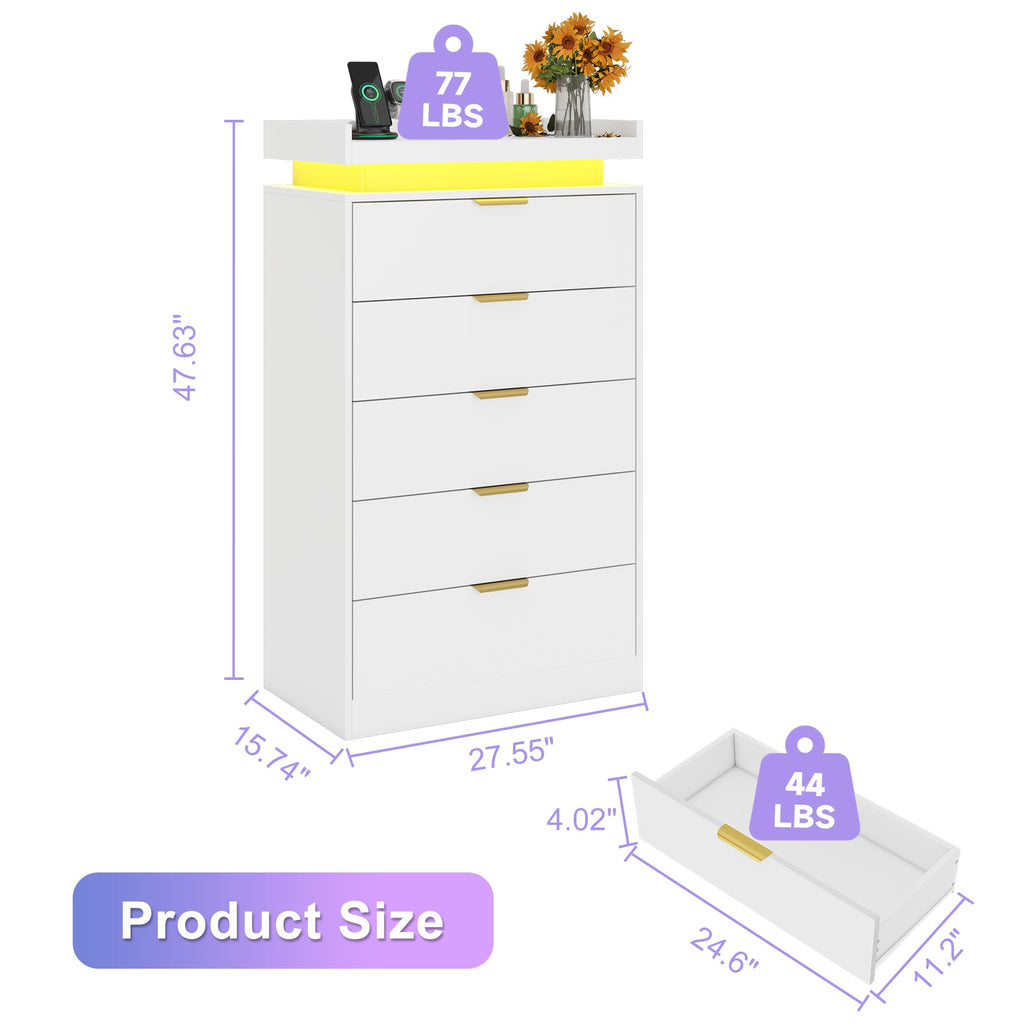 Tall Dresser, White Dresser with LED Lights, Wood 5 Drawer Chest with Power Outlet, Modern Chest of Drawers