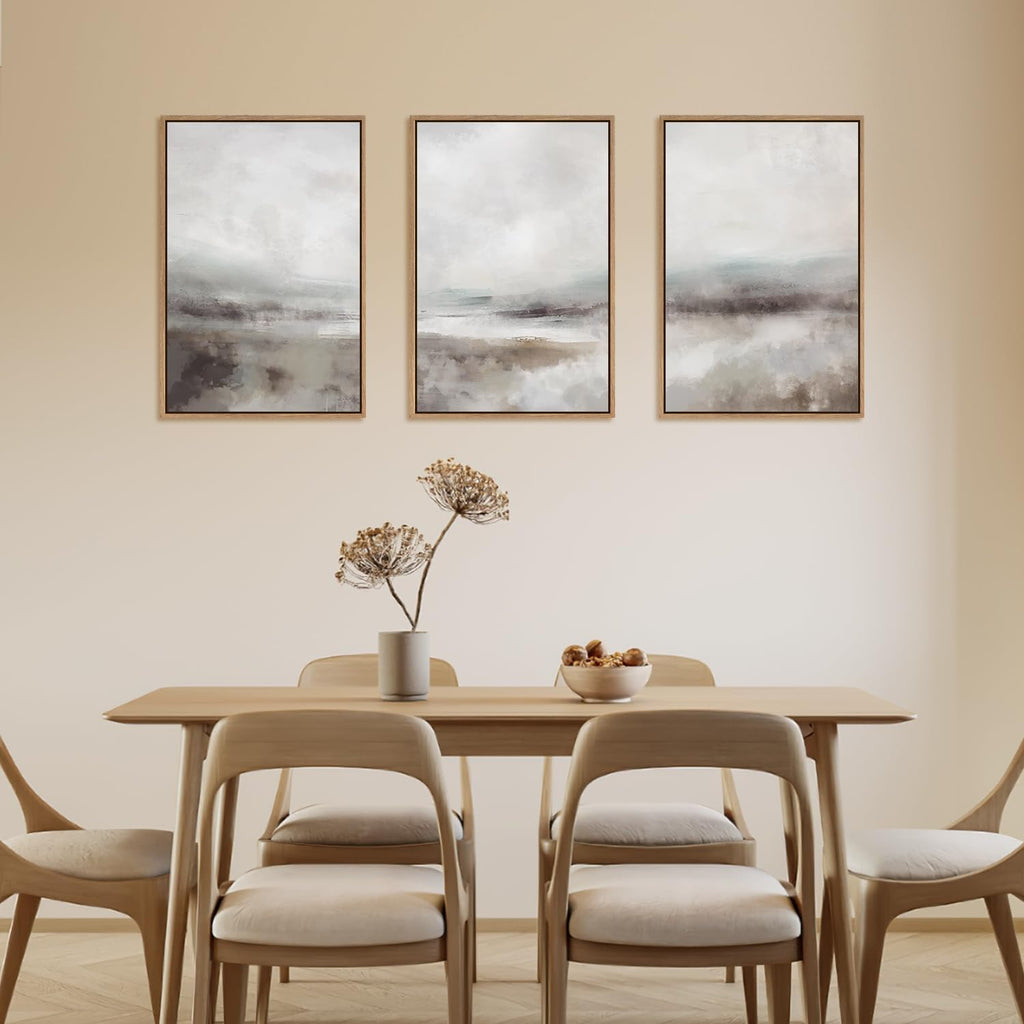 Large Abstract Neutral 3 Piece Wall Art Framed, Gray Lake Landscape Canvas Decor , Watercolor Smoky Mountain