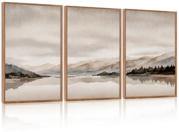 Abstract Mountain Brown Framed Canvas Wall Art, Neutral Watercolor Landscape Wall Decor, Minimalist Grey Beige Lake