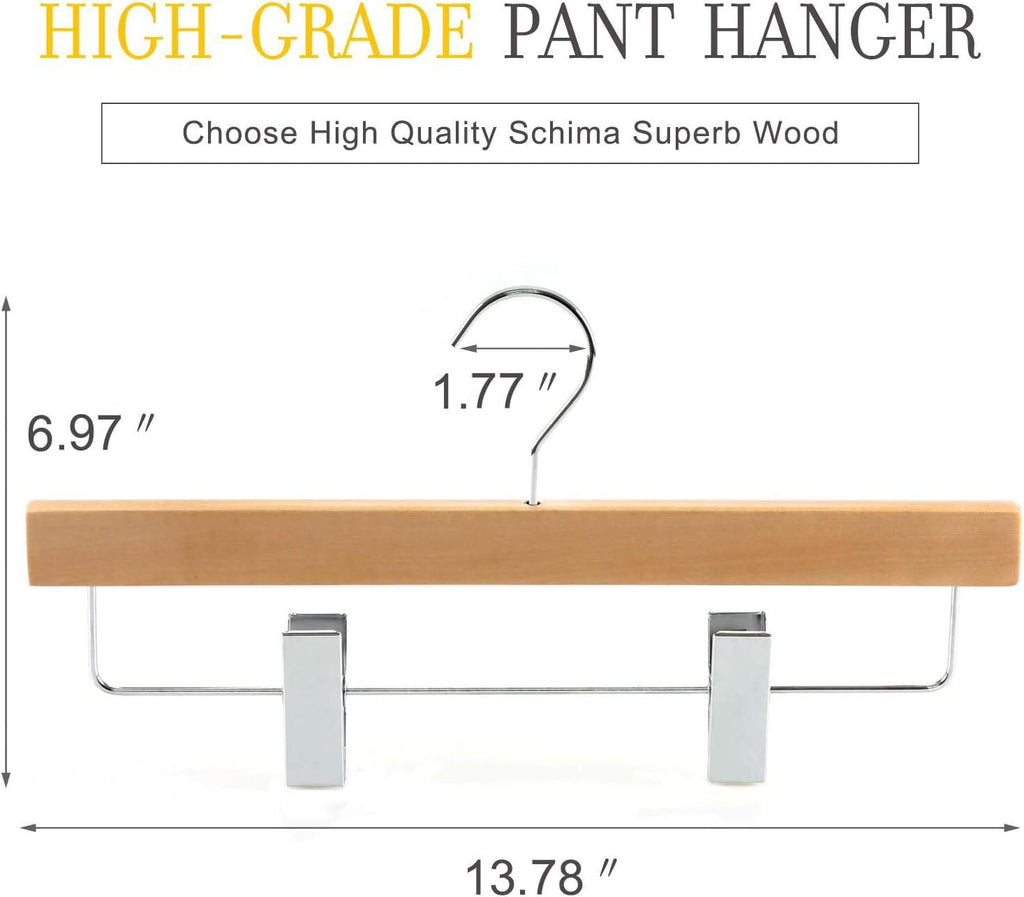 Pants Hangers, Luxury Natural Wooden Skirts Hangers with 2 Big Premium Metal Clips and 360° Swivel Anti-Rust Flat