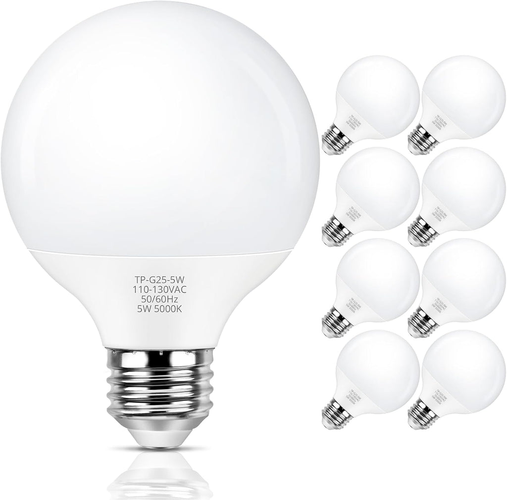 G25 LED Globe Light Bulb 60W Equivalent, Daylight White 5000K E26 Vanity Light Bulbs for Bathroom Makeup Mirror