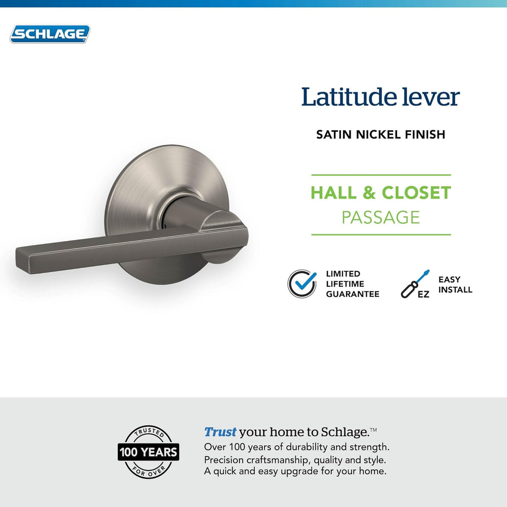 F10 LAT 619 Latitude Door Lever, Hall & Closet Passage Lock, Satin Nickel
