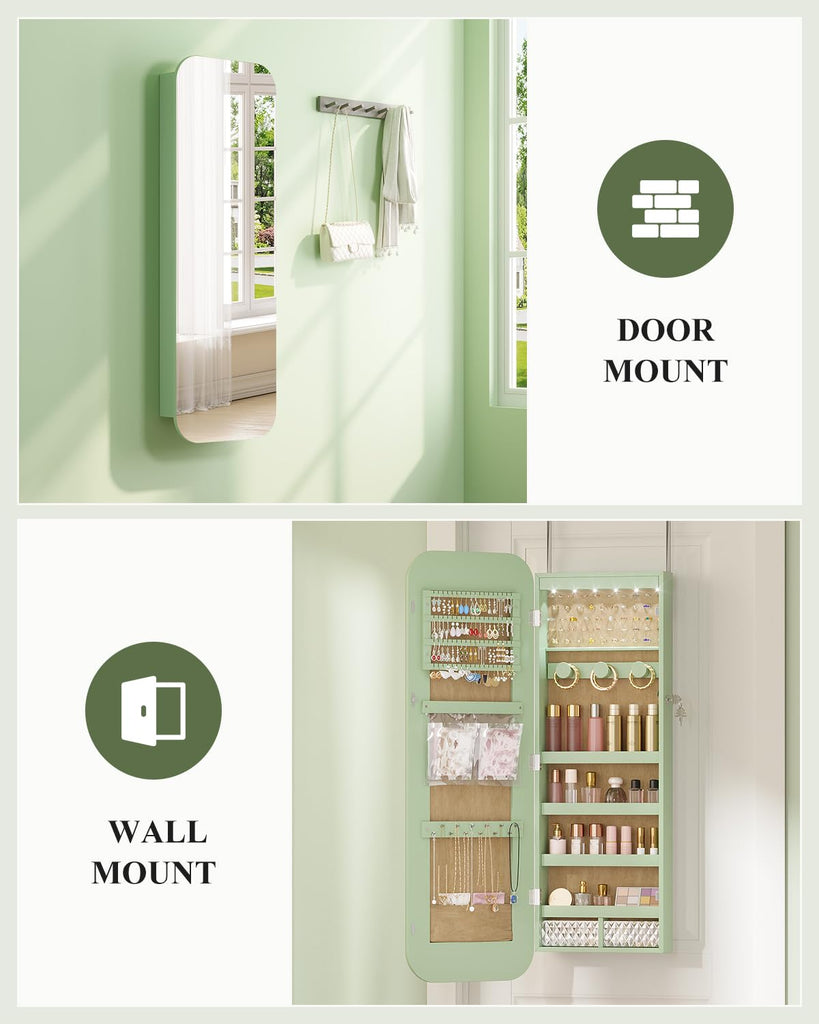 6 LEDs Mirror Jewelry Cabinet Door Hanging, 42.5", Lockable, Green