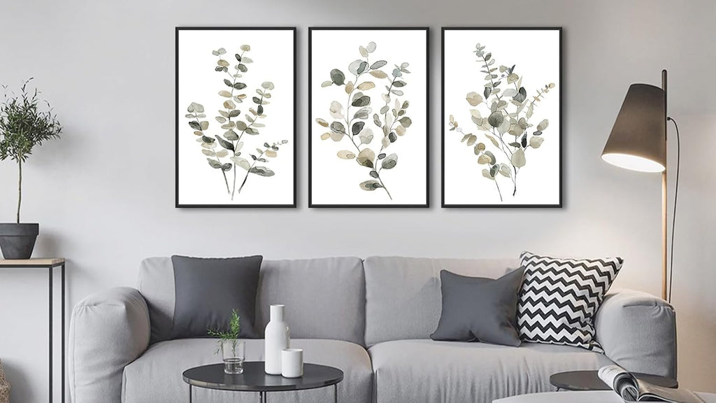 Large Framed Botanical Wall Art - Eucalyptus Leaf Wall Decor Set of 3 Taupe Simple Life Painting Prints