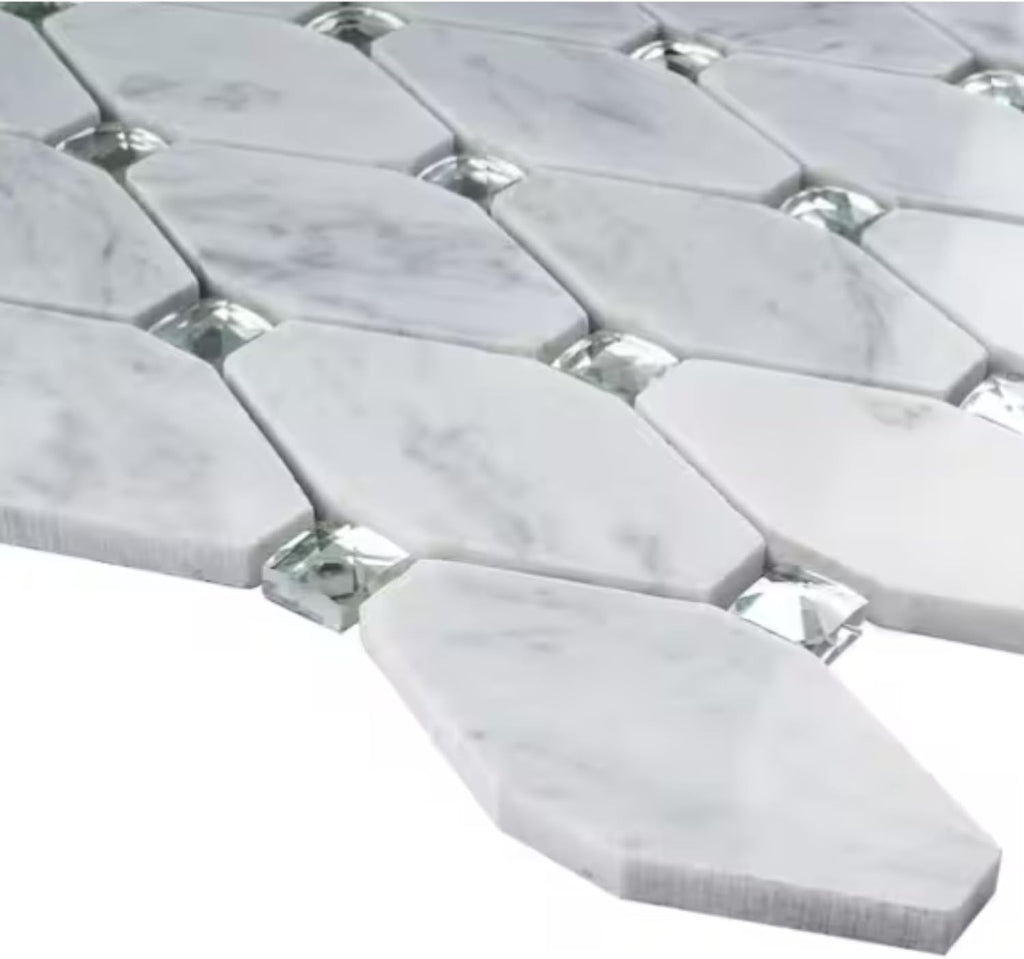 Premium Carrara Diamond Insert Decorative Marble Mosaic Sheet Kitchen Backsplash Wall and Floor, Spa, Pool (Box of 5