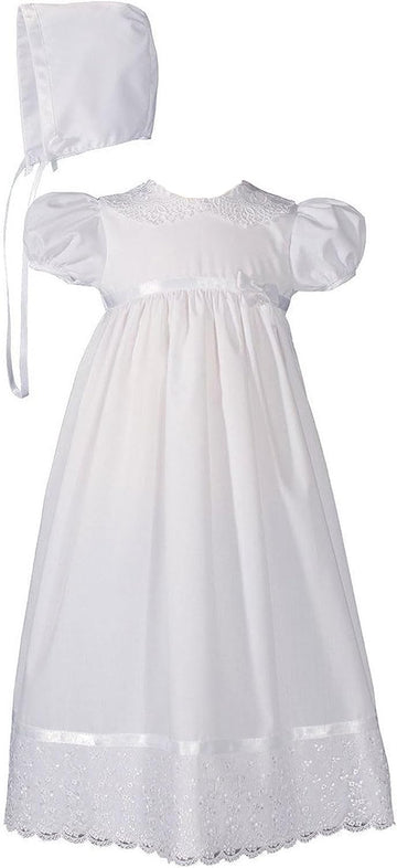 Girls Special Occasion 24" Poly Cotton Batiste Christening Baptism Gown with Lace Collar and Hem