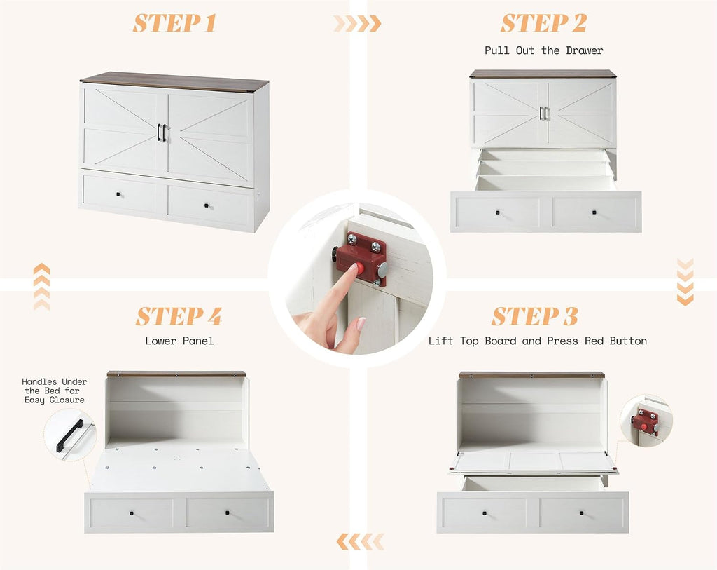 Queen Murphy Bed with Storage & Charging Station, Farmhouse Murphy Cabinet with Foldable Panel, Noisy Free, for Guest