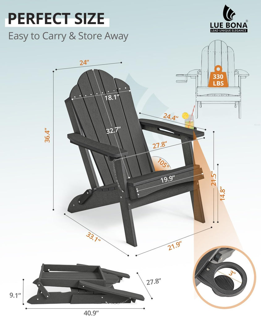 HDPE Folding Adirondack Chair, Cup Holder, Set of 2, Black | HDPE poly lumber, folable, all-weather resistant, Low