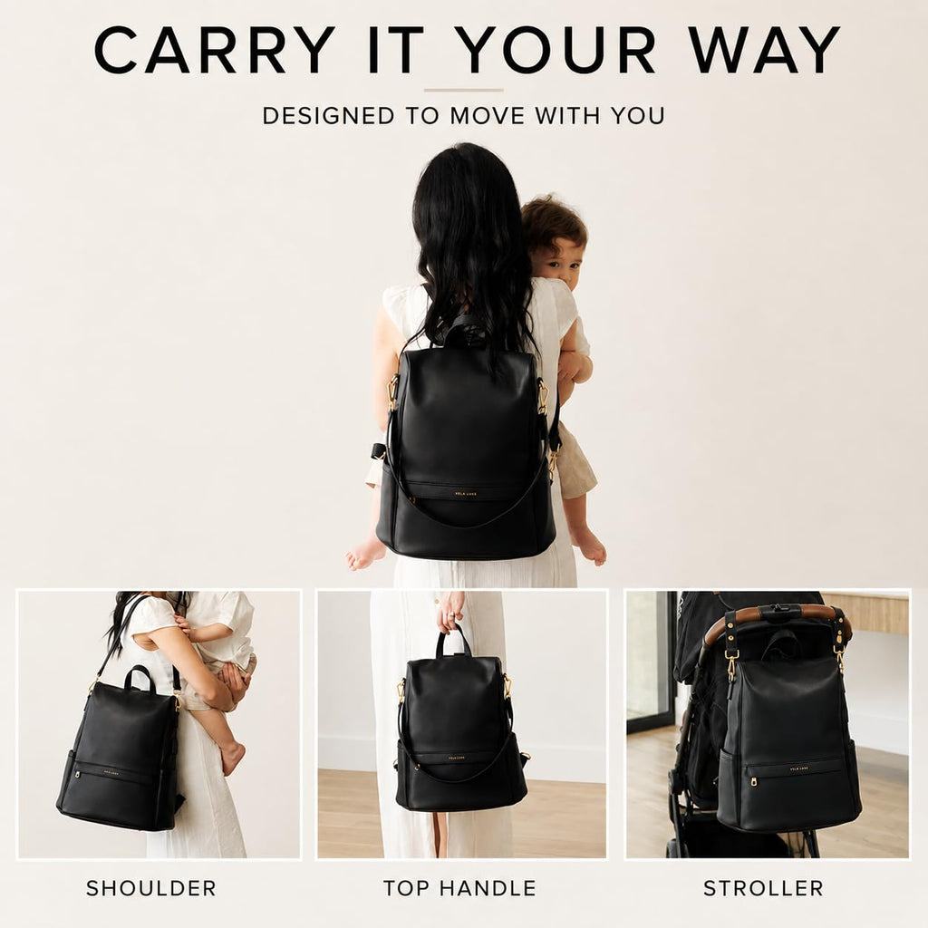 Leather Diaper Bag Backpack with USB Charging port, Changing Pad, Stroller Straps (Black Mia)