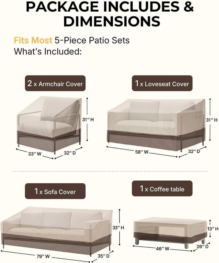 Patio Furniture Cover Set, 5 Piece Outdoor Furniture Cover Waterproof, 600D Heavy Duty Lawn Patio Set Covers