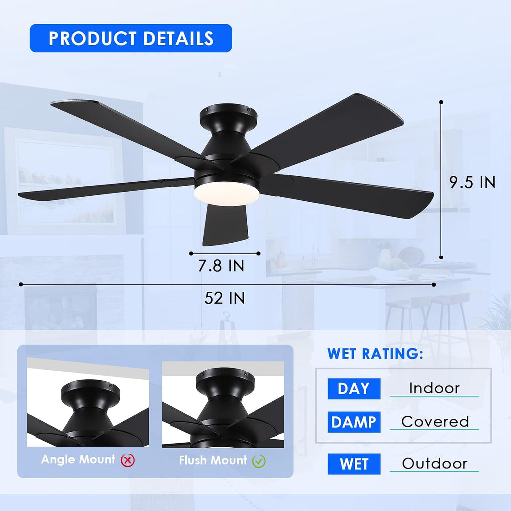 Black Ceiling Fans with Lights - 52In Flush Mount Ceiling Fan Light with Remote, 3CCT Dimmable and 6 Wind Speeds, Modern Low Profile Fan Light for Indoor Bedroom, Covered Outdoor A101-B0DTD3YZKT