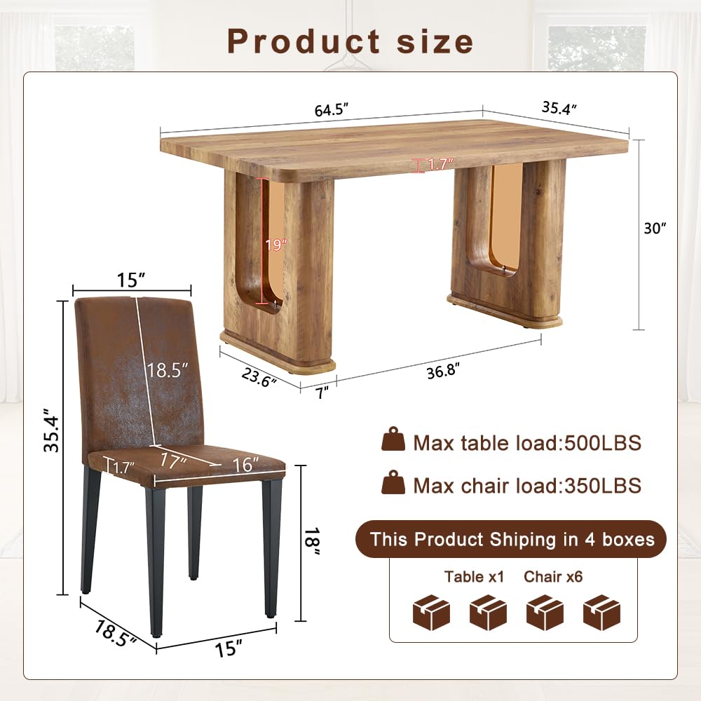 64.5" Dining Room Table Set for 6, Modern Farmhouse Wood Dining Table Set with Decorative Pedestal Legs & 6 Suede