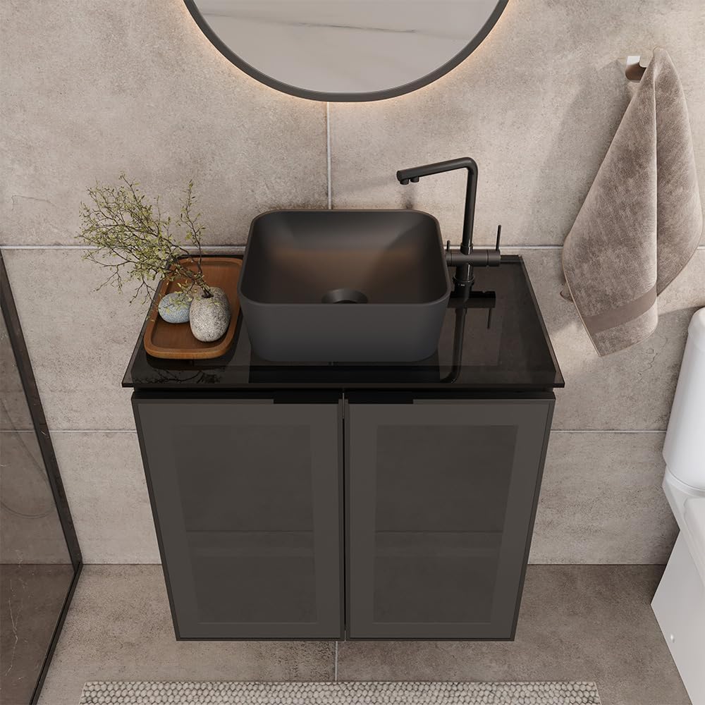 24" Black Steel Bathroom Vanity Set with Tempered Glass Countertop - Industrial Vanity Cabinet