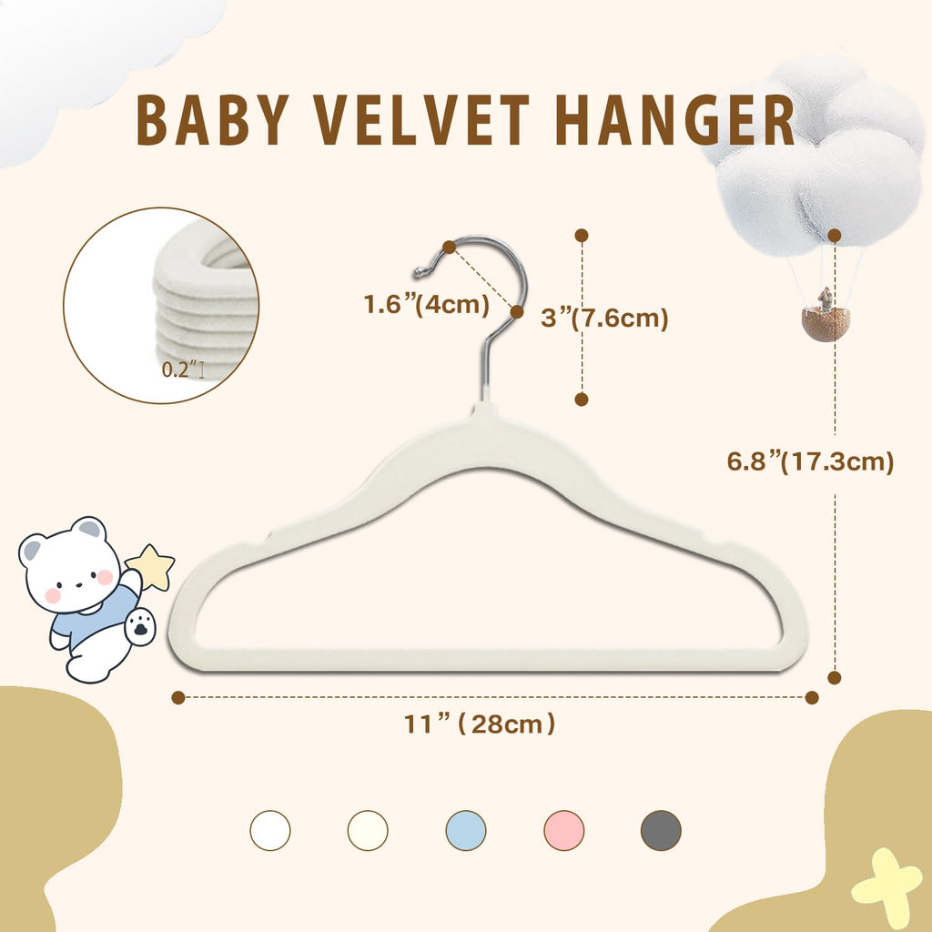 Baby Velvet Hangers, 11 Inches Kids Clothes Hangers, Non-Slip Childrens Hangers for Infant and Toddler 32 Pack Cream