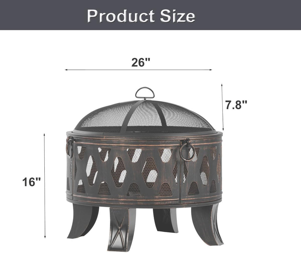 26 Inch Wood Burning Fire Pit with Cooking Grill and Spark Screen, Outdoor Metal Round Firepit