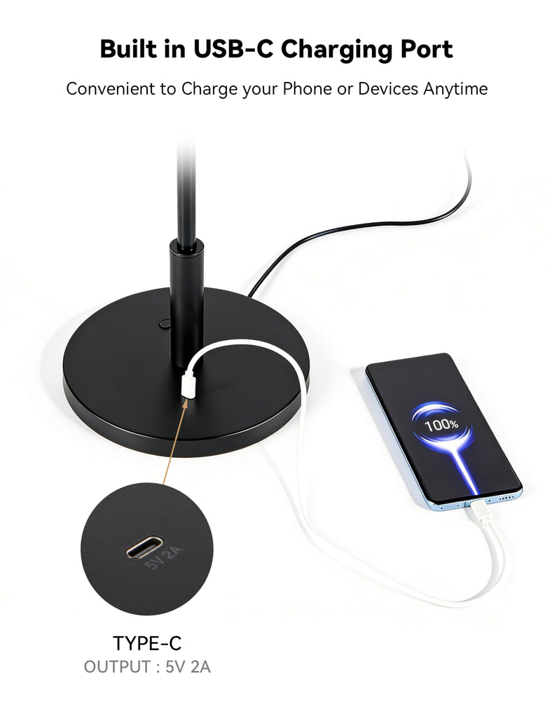 Bedside Table Lamp, Modern Mid Century Dimmable LED USB-C Desk Lamps