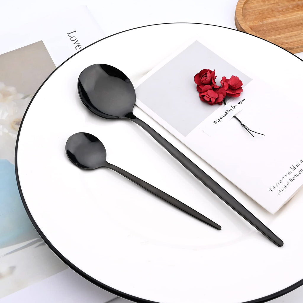 24-Piece Mirror Black Polished Flatware, 18/0 Stainless Steel Dinnerware Set Include Knife Fork Spoon Teaspoon