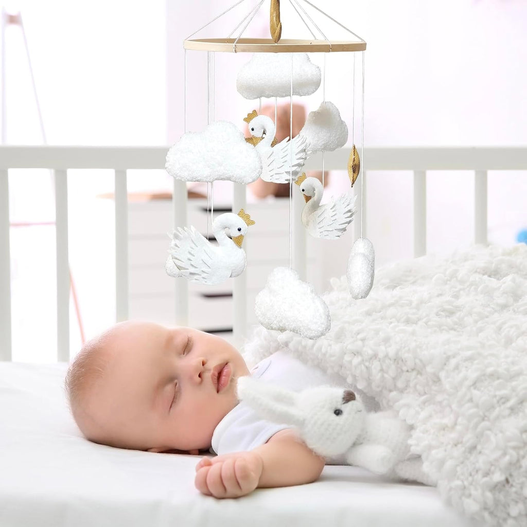 Baby Mobile White Swans with Golden Crowns Felt Clouds Baby Mobile for Crib Boys Girls Neutral Baby Gift Hanging