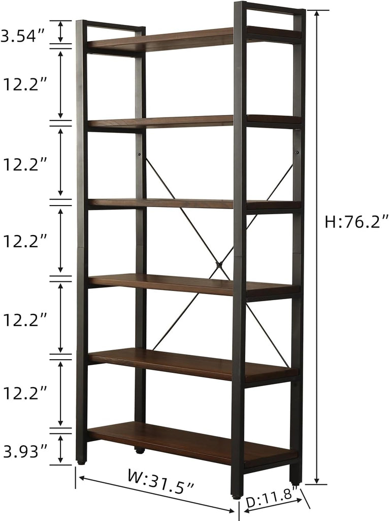 WH-AOERPYMY Natural Real Wood Bookcase,Industrial Bookshelf,6 Tier Solid Wood Open Book Shelf Storage,Metal Shelving