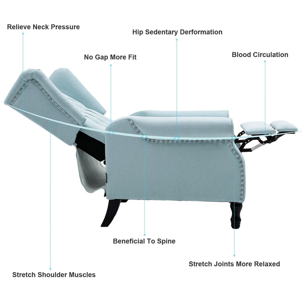 Pushback Recliner, Modern Accent Arm Reclining Sofa, Fabric Wingback Chair, Light Blue