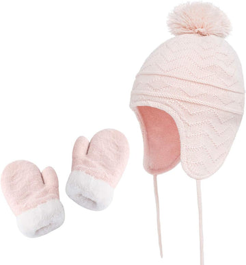 Hats and Gloves Set for Kids Toddler Baby Girls Boys Warm Earflap Beanie Fleece Hats Mittens