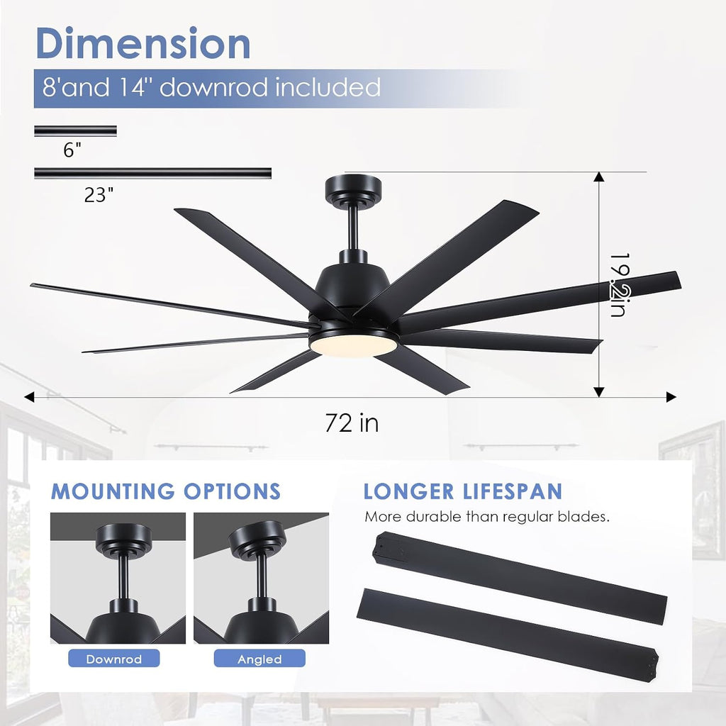 72" Black Ceiling Fan with Lights and Remote Control - Large Industrial Ceiling Fan with 8 ABS Blades, Dimming, DC Motor Reversible, Indoor/Outdoor Modern Ceiling Fan for Living Room, Black A101-B0DQKTB1F2