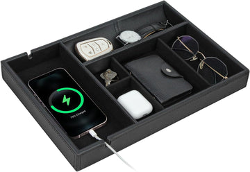 Faux Leather Valet Tray for Gift, Nightstand Organizer Decorative Dresser Tray Box with Phone Charging Station