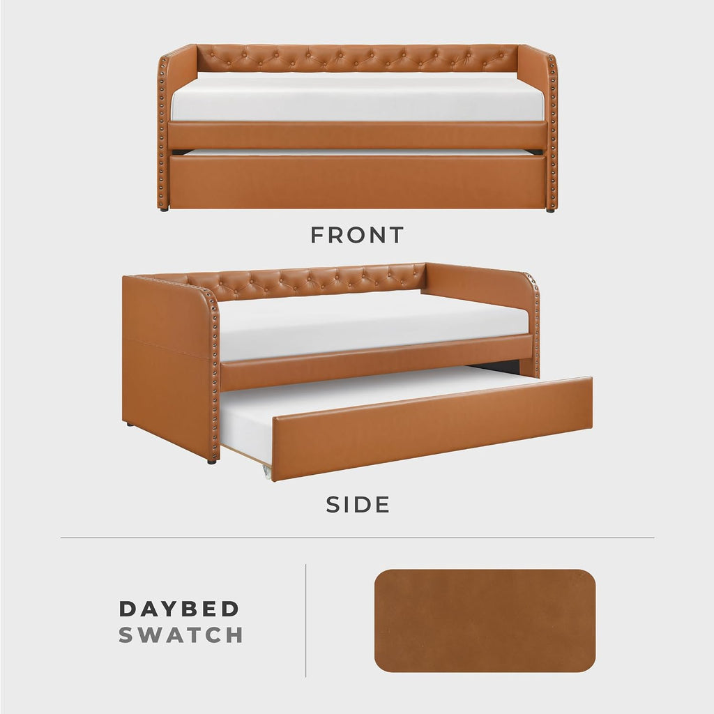 Faux Leather Daybed with Trundle, Solid Wood Frame, Nailhead Trim, Wood Slat Support, Button Tufted Trundle Day Bed