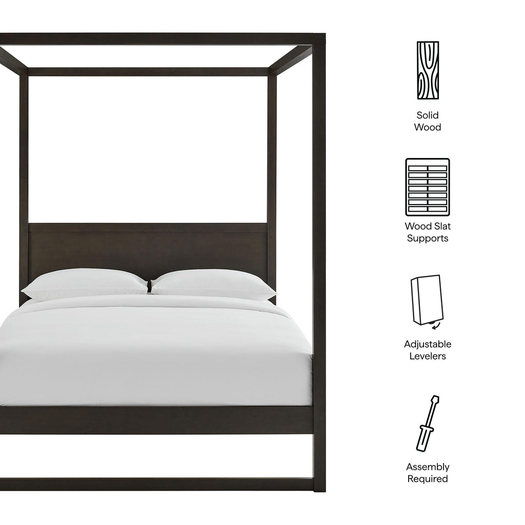 Alva 4-Post Wood Platform Canopy Bed in Smoked Oak - with Headboard and Solid Rubberwood Frame