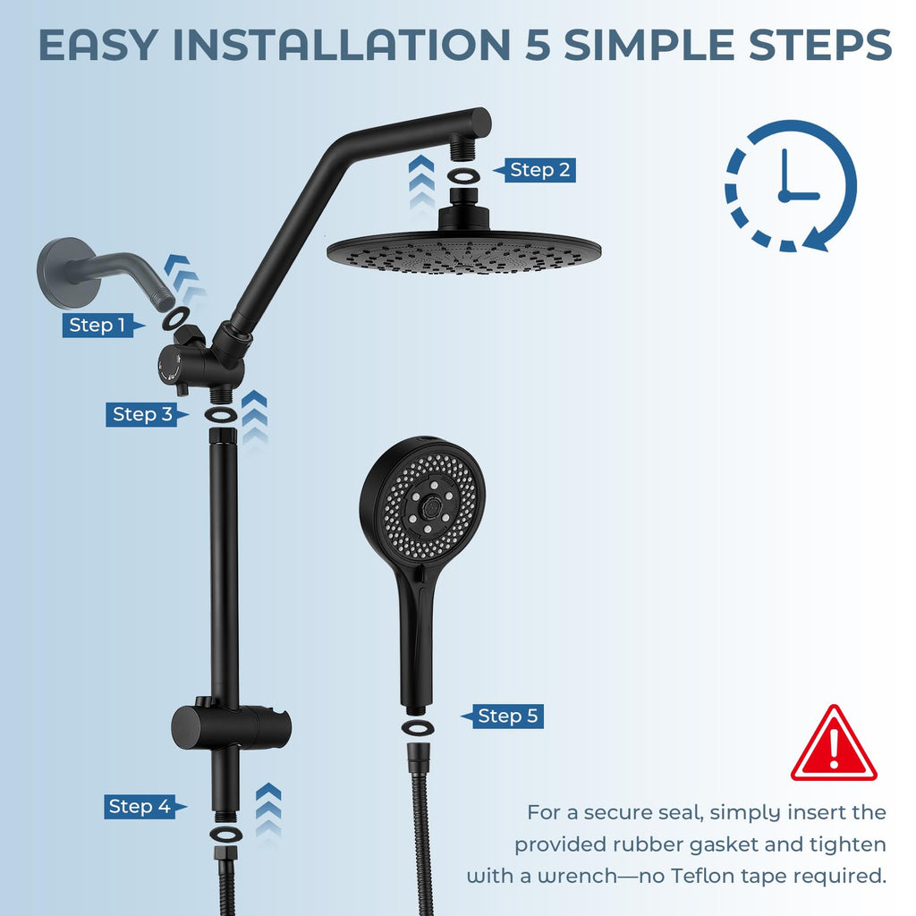 9" Rain Shower Head w/Handheld Combo, Slide Bar, Matte Black