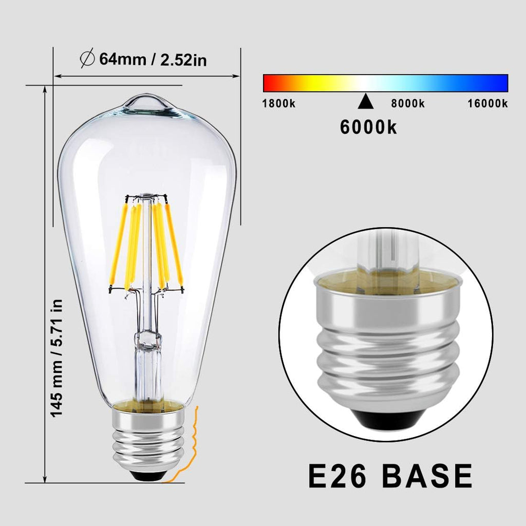 LED Edison Bulbs,Dimmable Vintage Light Bulbs,6W Cool,E26 Clear Glass