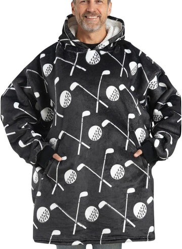 Golf Gifts for Men Women, Unisex Golf Themed Wearable Flannel Blanket Hoodie, Oversized Flannel Hooded Blanket
