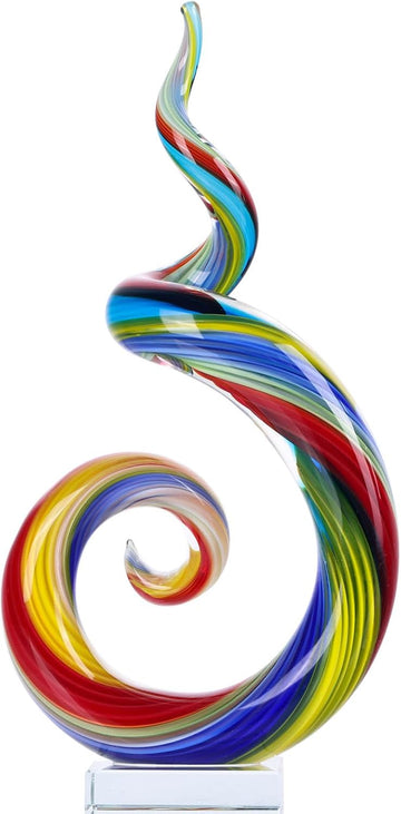 13.7" Colour Hand-Blown Art Glass Sculpture,Abstract Rainbow Swirl Style Sea Glass Statue and Figurine,Coastal Ocean